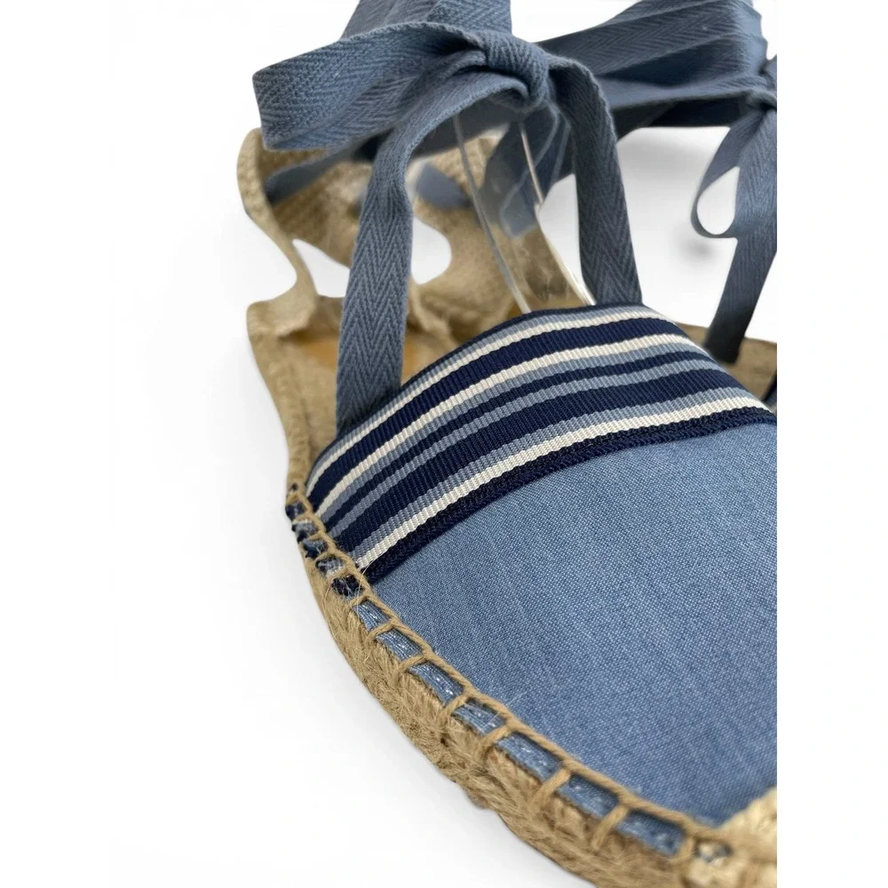 J.Crew Canvas Ankle Tie Espadrille Flats Womens‎ 8 Blue Chambray Stripe NWOB